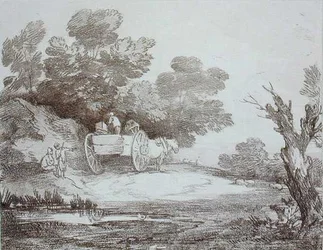 Bewaldete Landschaft, Landkarren und Figuren