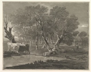 Waldlandschaft mit Kühen an einem Teich, Figuren und Hütte, 1775-80