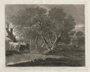 Waldlandschaft mit Kühen an einem Teich, Figuren und Hütte, veröffentlicht 1797