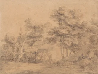 Waldlandschaft mit Figuren, Eseln und Hütte