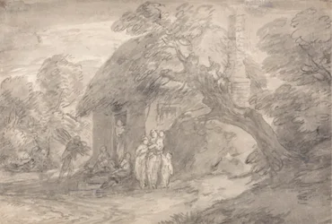 Waldlandschaft mit Figuren vor einer Hüttentür