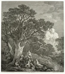 Waldlandschaft mit Zigeunern um ein Feuer versammelt
