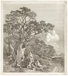 Bewaldete Landschaft mit Zigeunern um ein Feuer versammelt