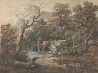 Waldszene mit einem Bauern, einem Pferd und einem Wagen, ca. 1760