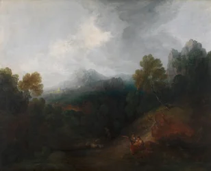 Bergtal mit Figuren und entferntem Dorf