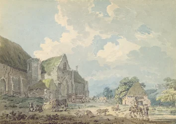 Die Zehntscheune in Abbotsbury mit der Abtei auf dem Hügel, ca. 1795
