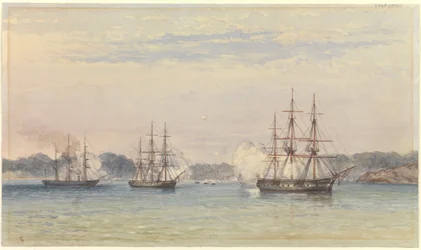 Der China-Krieg 1857, drei Schiffe Ihrer Majestät bombardieren und Schiffsboote an Land