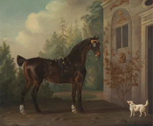 Lord Abergavennys dunkelbraunes Kutschpferd mit einem Terrier