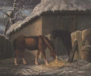 Eine Winterlandschaft mit zwei Pferden, die vor einem Stall fressen (datiert 1804)