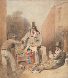 Mann und Kinder mit einem Leierkasten und einem Affen