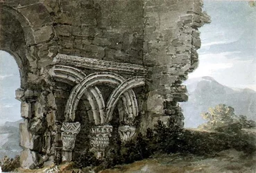 Nr.3204 Sächsische Kapitelle in den Mauern der Kirche des Hospizes St. James, Dunwich, Suffolk
