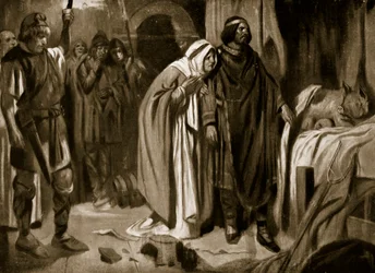 Königin Ethelburga überredet Ine von Wessex, die Krone niederzulegen, 728, Illustration aus 