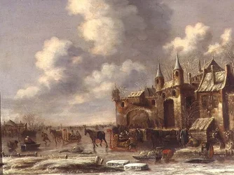 Stadtbewohner auf dem Eis bei einem Stadttor