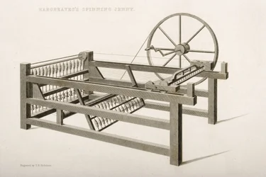 Die Spinning Jenny, erfunden von James Hargreaves im Jahr 1764, 1835
