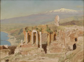 Ansicht der Ruinen des griechischen Theaters in Taormina und des Ätna, Sizilien