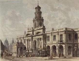 Ansicht der Royal Exchange, Cornhill, graviert von Daniel Havell (1785-1826), veröffentlicht 1816 von Ackermanns 