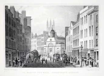 St. Martin Outwich, Bishopsgate Street, aus London und seine Umgebung im neunzehnten Jahrhundert, veröffentlicht von Jones und Co., 1827-1829