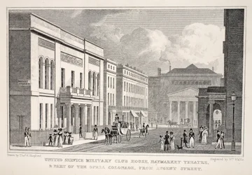 United Service Military Club House, Haymarket Theatre und ein Teil der Opernkolonnade von der Regent Street, aus 