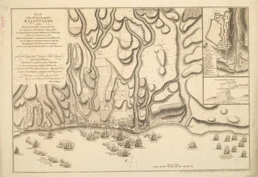 Plan des Angriffs auf Basseterre auf der Insel Guadeloupe durch ein Geschwader von Kriegsschiffen seiner Majestät unter dem Kommando von Commodore Moore am 22. Januar 1759, auch die Lager des britischen Heeres unter dem Kommando von General Hopson und die 