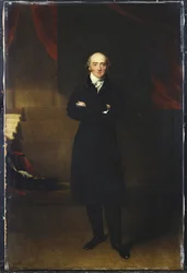 Ganzfigurenporträt von George Canning, in einem Innenraum stehend, in einem schwarzen Mantel und mit verschränkten Armen