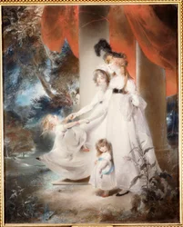Porträt von Mrs. Ayscoghe Boucherett mit ihren zwei ältesten Kindern, Emilia und Ayscoghe, und ihrer Halbschwester Juliana Angerstein, später Madame Sabloukoff, in einem Garten