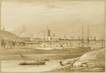 Bristol von der Coronation Road mit Cumberland Road, dem New Cut und einem Blick auf die Kirchen von Bristol