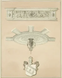 Details des Raums in der Rechtsbibliothek, einschließlich zentralem Deckenpendel und Gesims