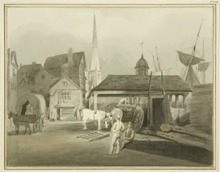 Nordostende der King Street, zeigt den walisischen Markt im Jahr 1802