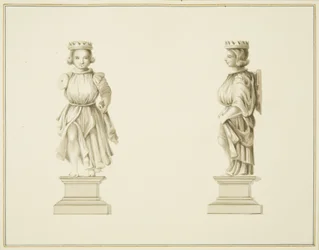 Zwei Ansichten einer geschnitzten Holzfigur im Vestraum der St John
