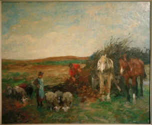 Reisigfuhrwerk und Schafe