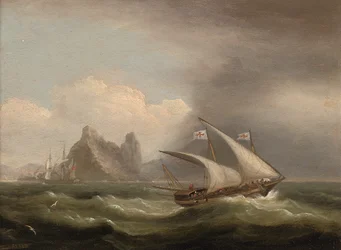Ein bewaffneter Xebec im Mittelmeer, eine britische Fregatte hinter ihr und vorbei an einer felsigen Küste, 1822