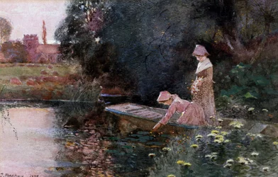 Seerosen pflücken. Zwei junge Mädchen in einem Boot auf einem Teich sammeln Seerosen. Gemälde von Thomas Mackay (1851-1920)