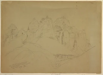 Zeichnung, Rio Virgin River mit großen Felsformationen, 1873