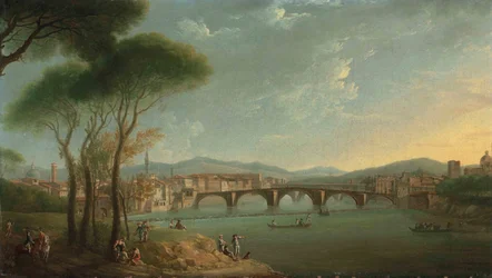 Ein Blick auf den Arno, Florenz, von den Cascine-Gärten, mit Figuren, die im Vordergrund fischen und auf den Felsen ruhen, die Ponte alla Carità und die Ponte Vecchio im Hintergrund