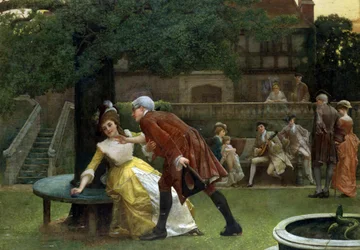 Das Ende des Fadens. Eine Frau weist die Avancen eines Mannes zurück. 1890. Gemälde von Thomas Reynolds Lamont (1826-1898) Privatsammlung.