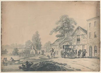 Eine Kutsche vor einem Gasthaus