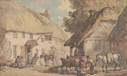 Eine Dorfstraße mit Vieh und Schafen, die hindurchgetrieben werden
