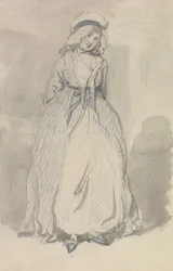 Eine junge Frau in einem blau gestreiften Kleid