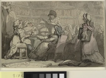 Ein Treffen des Blaustrumpf-Clubs in einer Bibliothek