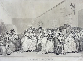 Box Lobby Loungers, geätzt von Rowlandson nach einem Entwurf von Henry Wigstead, veröffentlicht von John Raphael Smith, 1786