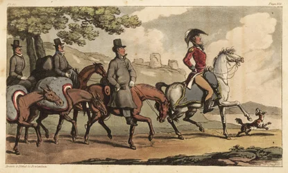 Kapitän Johnny Newcome und seine Diener mit Packpferden auf dem Weg nach Santarem, Portugal, um zur Halbinsel-Kampagne zurückzukehren. Handkolorierte Kupferstichgravur, gezeichnet und radiert von Thomas Rowlandson aus Colonel David Roberts