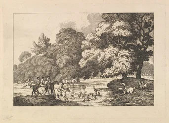 Hirschjagd - Eine Landschaftsszene mit Hirsch und Hunden in einem Fluss, 1787