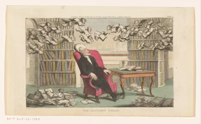 Doktor Syntax schlafend in einer Bibliothek