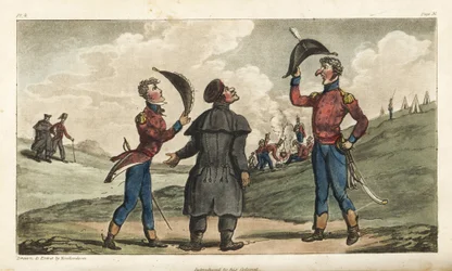 Fähnrich Johnny Newcome wird dem Oberst seines Regiments vor der Schlacht von Salamanca vorgestellt. Handkolorierte Kupferstichgravur gezeichnet und radiert von Thomas Rowlandson aus Colonel David Roberts