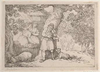 Geiger, Matrose, zwei Frauen und ein Schwein bei einem Cottage