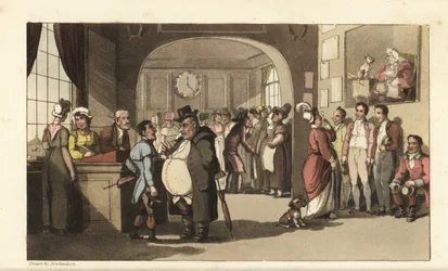 Johnny sucht Arbeit in einem Registrierungsbüro für Hausangestellte. Männer und Frauen mit Monokeln untersuchen Träger, Dienstmädchen und anderes Personal. Handkolorierte Kupferstichgravur von Thomas Rowlandson aus William Combes Die Geschichte von Johnny 