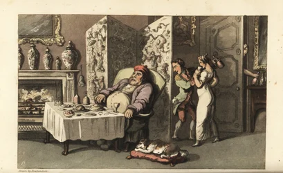 Johnny schleicht dem Dienstmädchen Molly ein Glas Wein im Salon zu, während Sir Jeffery Gourmand am Esstisch schläft. Fast von einem anderen Diener an der Tür erwischt. Handkolorierte Kupferstichgravur von Thomas Rowlandson aus William Combes Die Geschicht