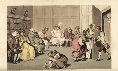 Johnny mit anderen Patienten im Wartezimmer des Quacksalbers Anodyne. Handkolorierter Kupferstich von Thomas Rowlandson aus William Combes The History of Johnny Quae Genus, the Little Foundling of the late Doctor Syntax.