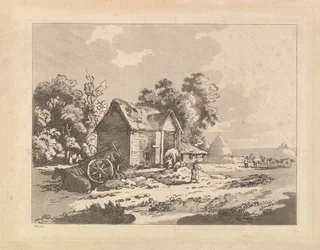 Landschaft mit Figuren, die Heu in einer Scheune lagern, ein Wagen und ein liegendes Pferd links, 1783-84