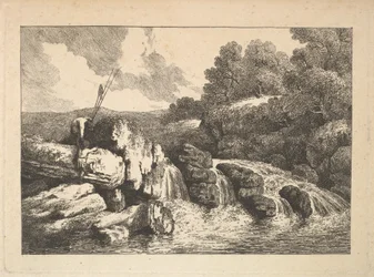 Landschaft mit zwei Fischern, die Felsen neben einem Wasserfall erklimmen, 1784-88